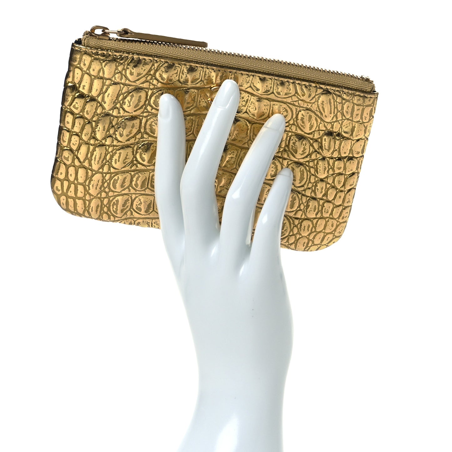 Metallic Calfskin Crocodile Embossed Cocodile Small Cosmetic Case Gold