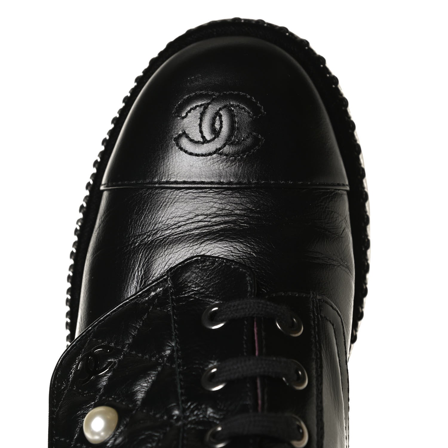 Chanel Crackled Calfskin Velvet Pearl Combat Short Boots 37.5 Black 14 of 15