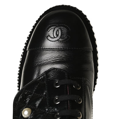 Chanel Crackled Calfskin Velvet Pearl Combat Short Boots 37.5 Black 14 of 15