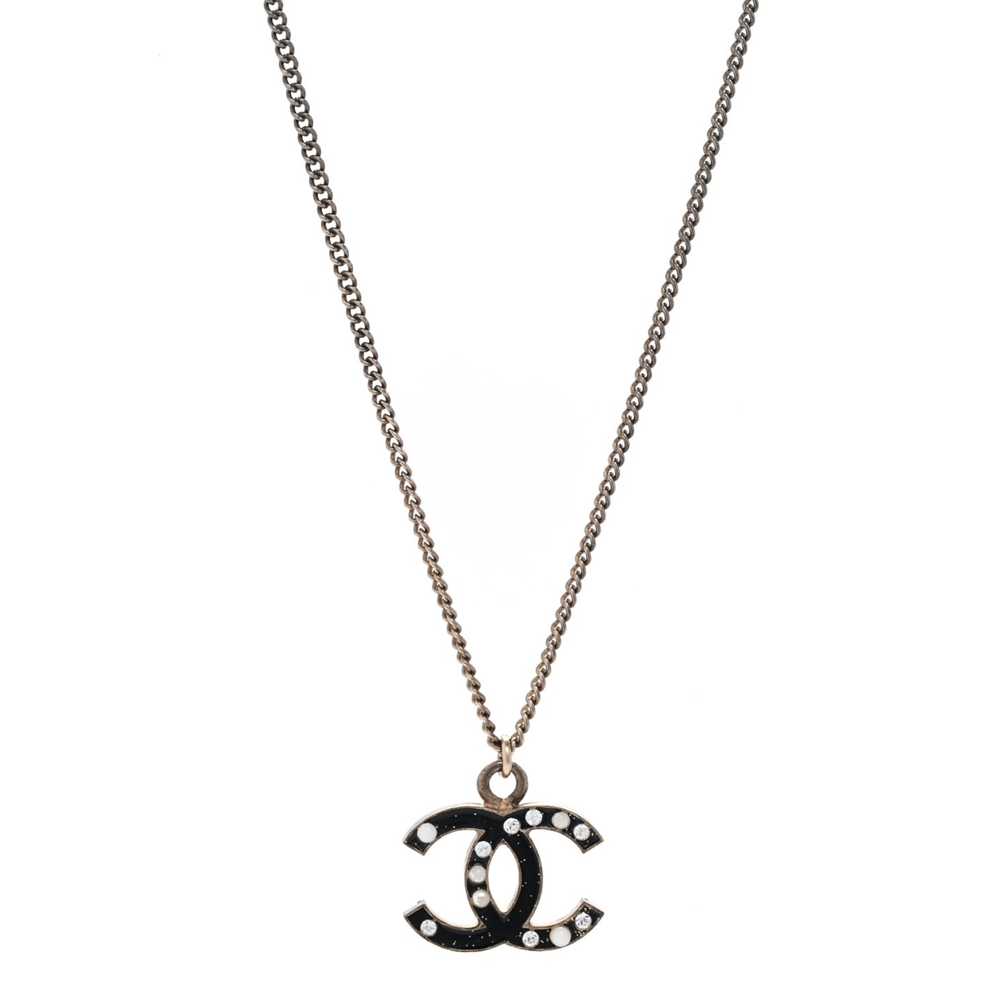 Enamel Crystal Pearl CC Pendant Necklace Ruthenium