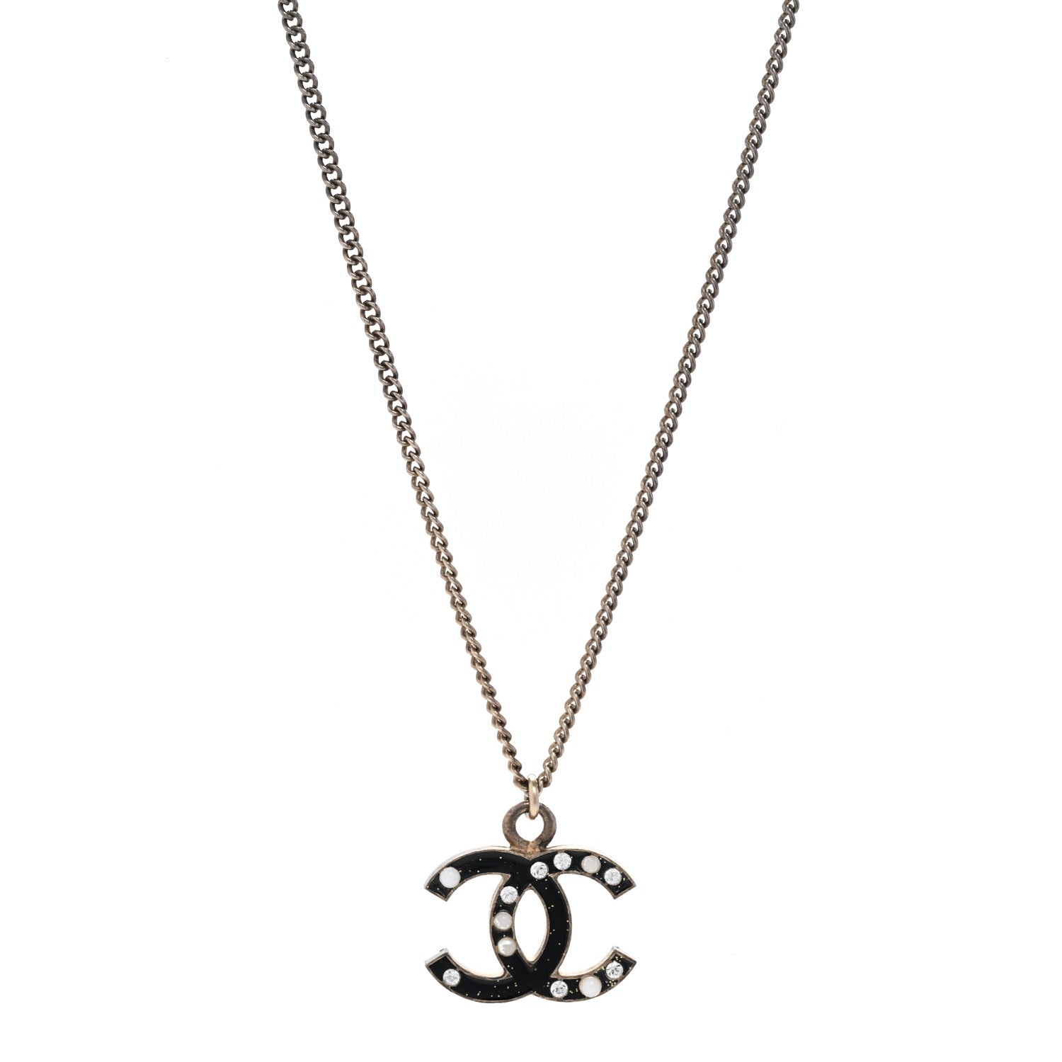 Chanel Enamel Crystal Pearl CC Pendant Necklace Ruthenium 1 of 6