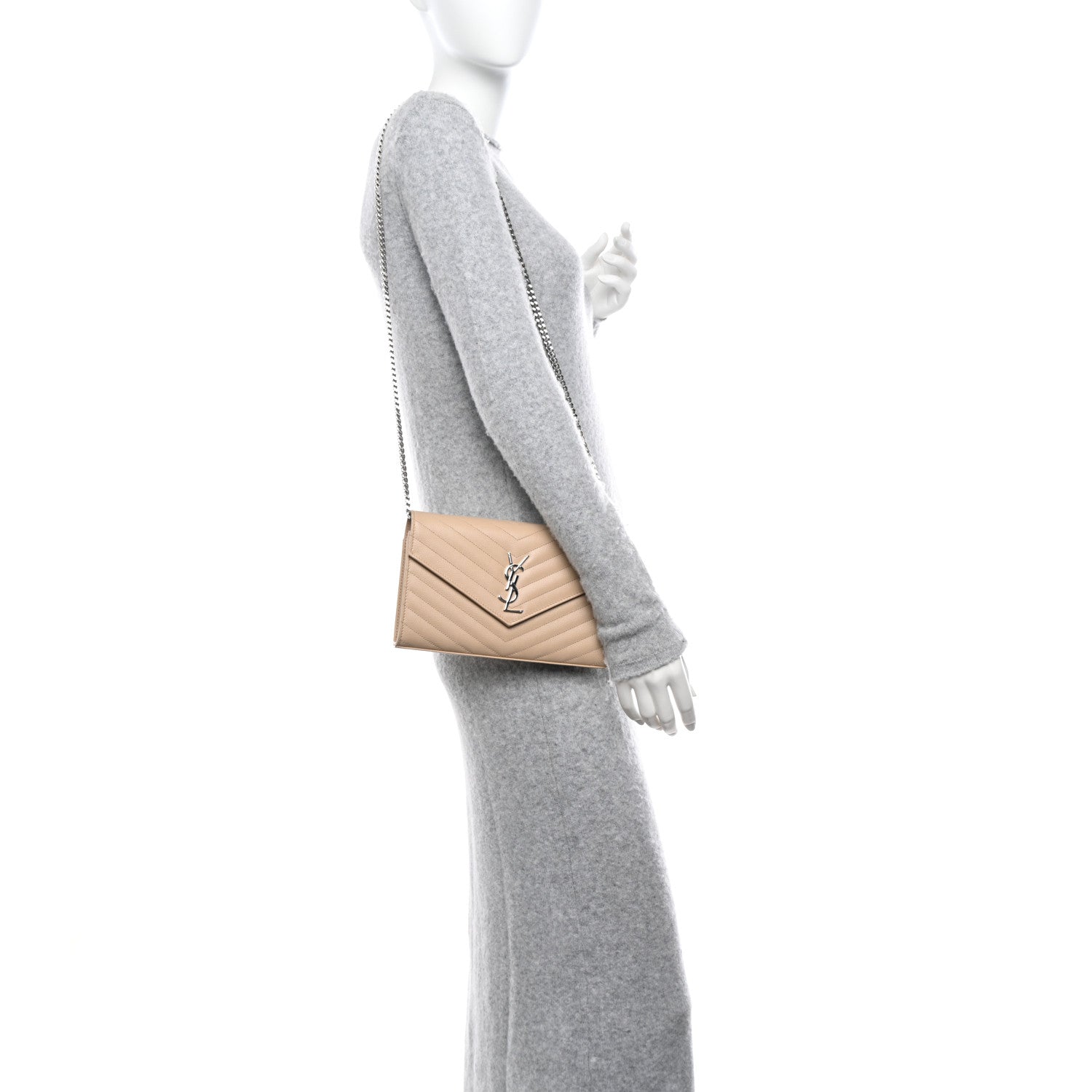 Saint Laurent Grain De Poudre Matelasse Chevron Monogram Chain Wallet Dark Beige 3 of 12