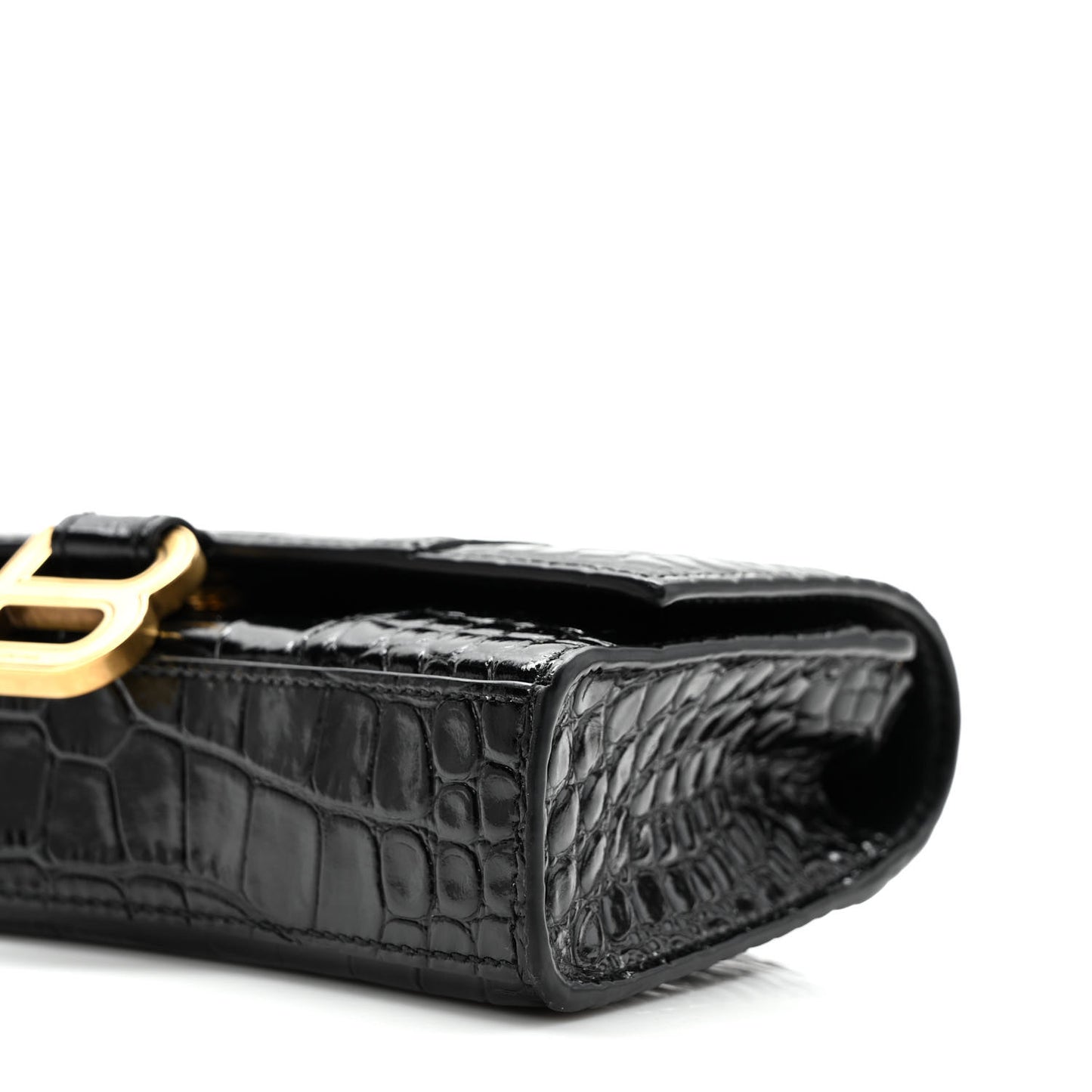 Shiny Calfskin Crocodile Embossed Hourglass Chain Bag Black