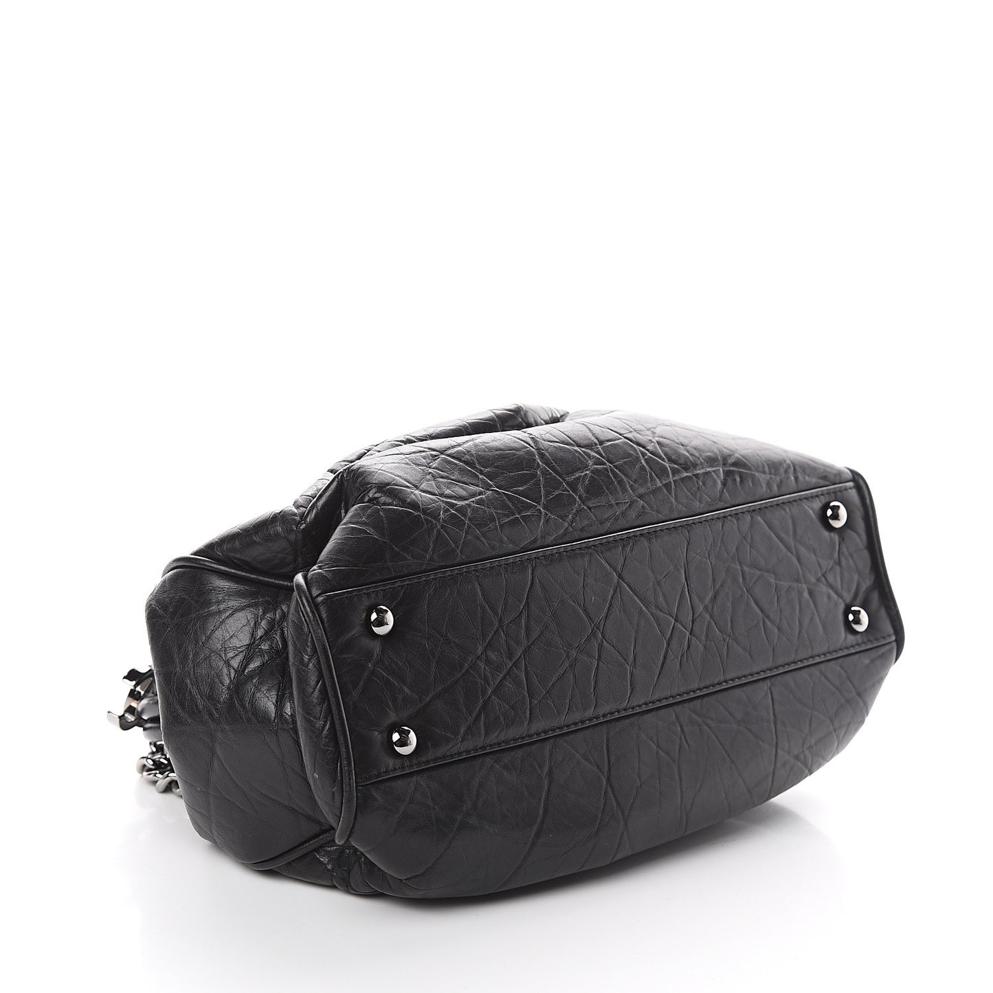 Distressed Lambskin Paris NY Framed Pleated Pouch Bag Black