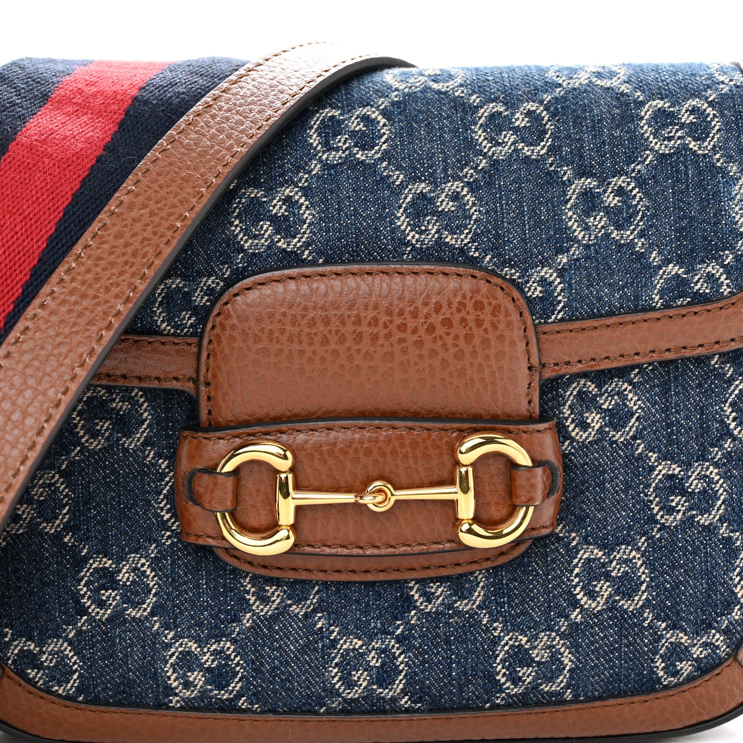 Gucci New Denim GG Monogram Dollar Calfskin Web Mini Horsebit 1955 Shoulder Bag Blue Tea Cuir Epilog 8 of 10