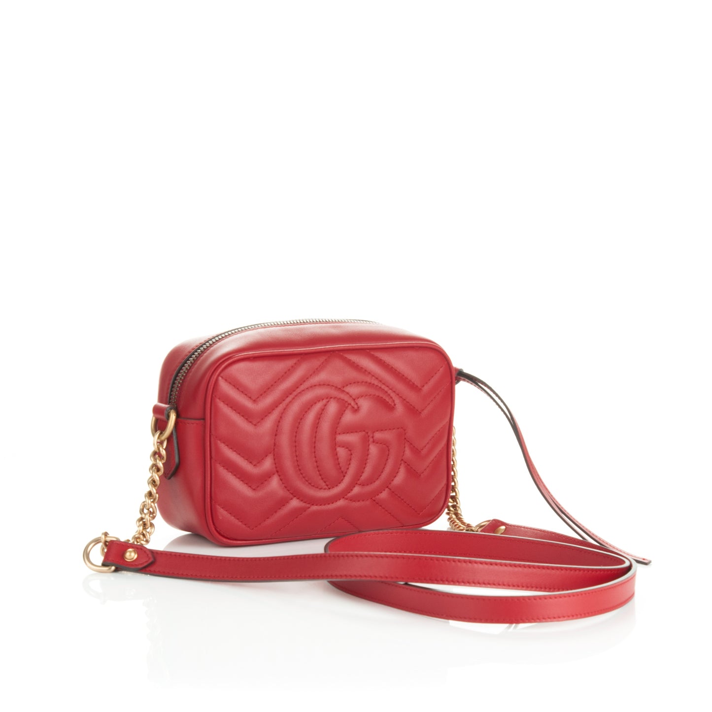 Calfskin Matelasse Mini GG Marmont Chain Shoulder Bag Hibiscus Red