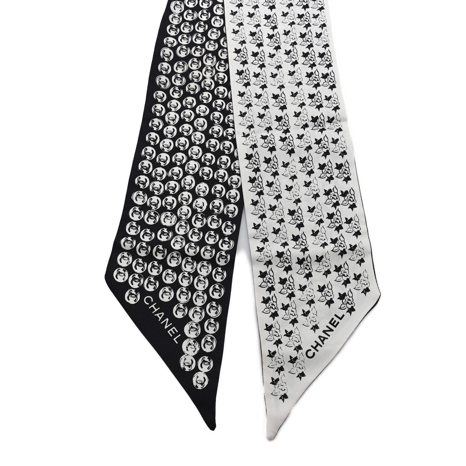 Chanel Silk CC Logo Camellia  Bandeau Scarf White Black 2 of 4