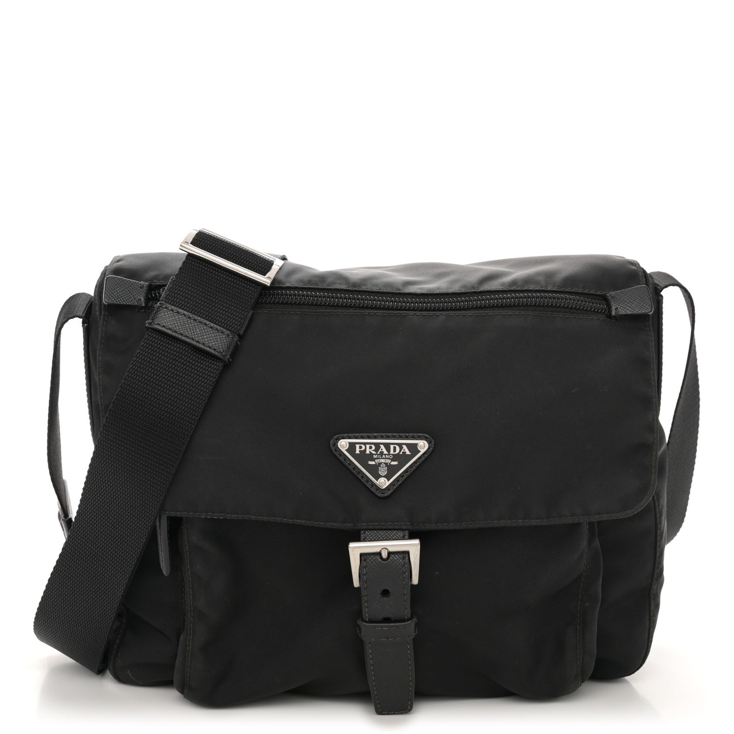 Re-Nylon Vela Saffiano Pocket Single Buckle Messenger Shoulder Bag Black