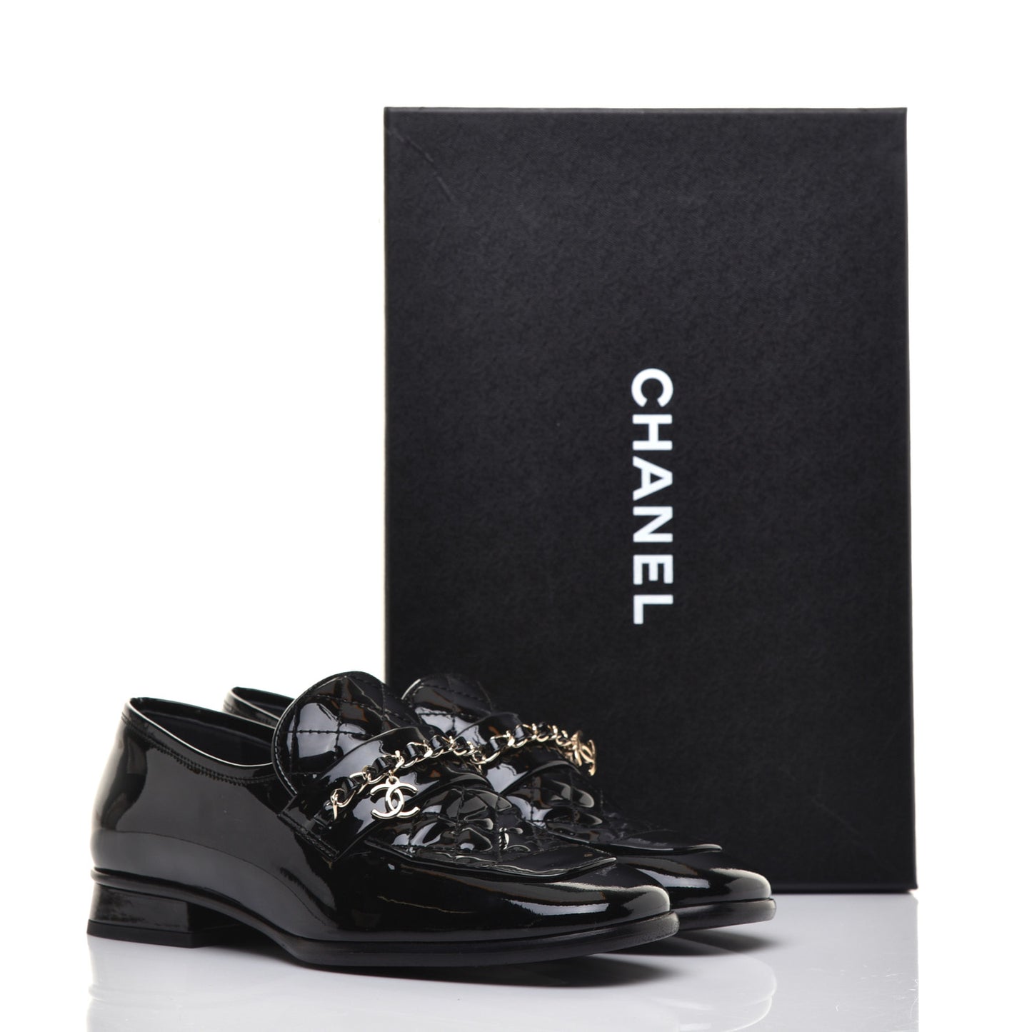 Patent Calfskin CC Chain Mocassin Loafers 36 Black