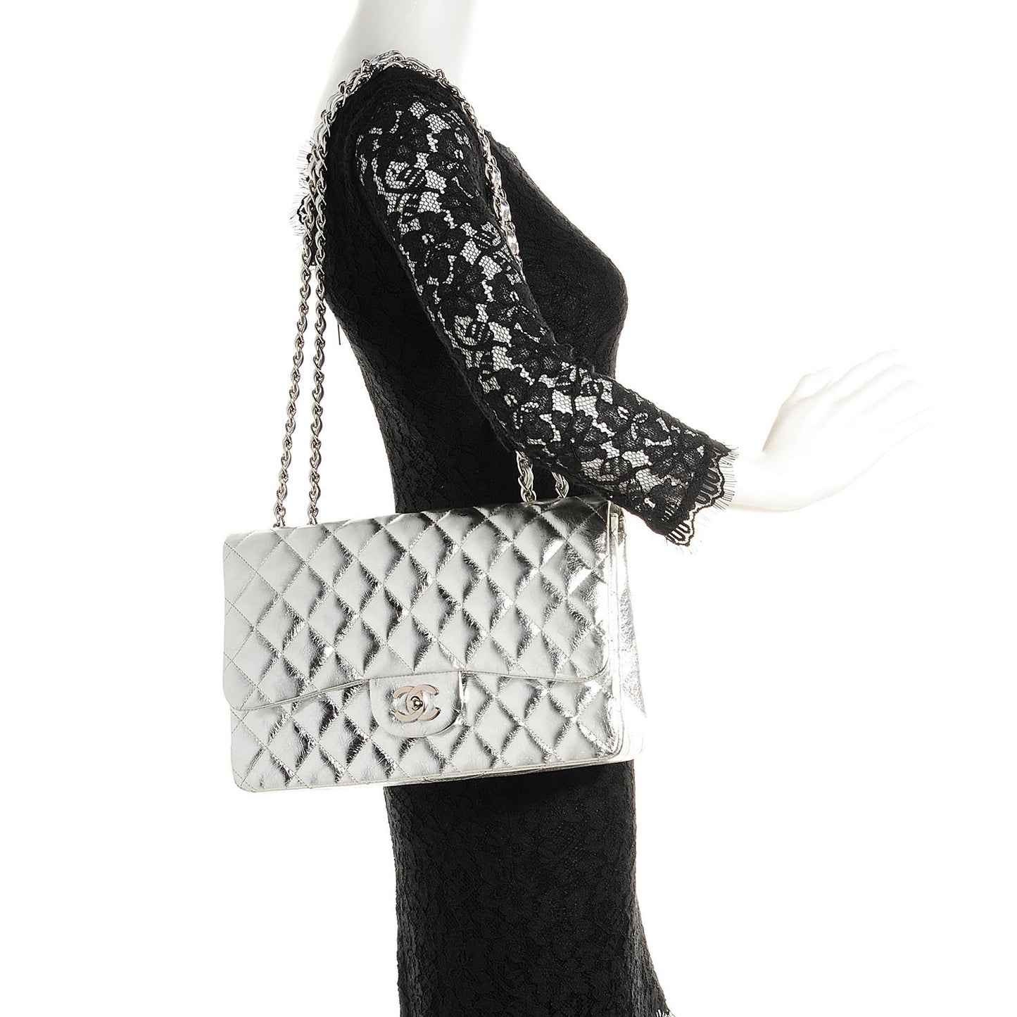 Metallic Calfskin Quilted Jumbo Single Flap Silver