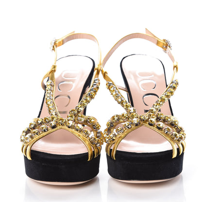 Gucci Velvet Nappa Crystal Zephyra Slingback Platform High Heel Sandals 37.5 Black Gold 2 of 8