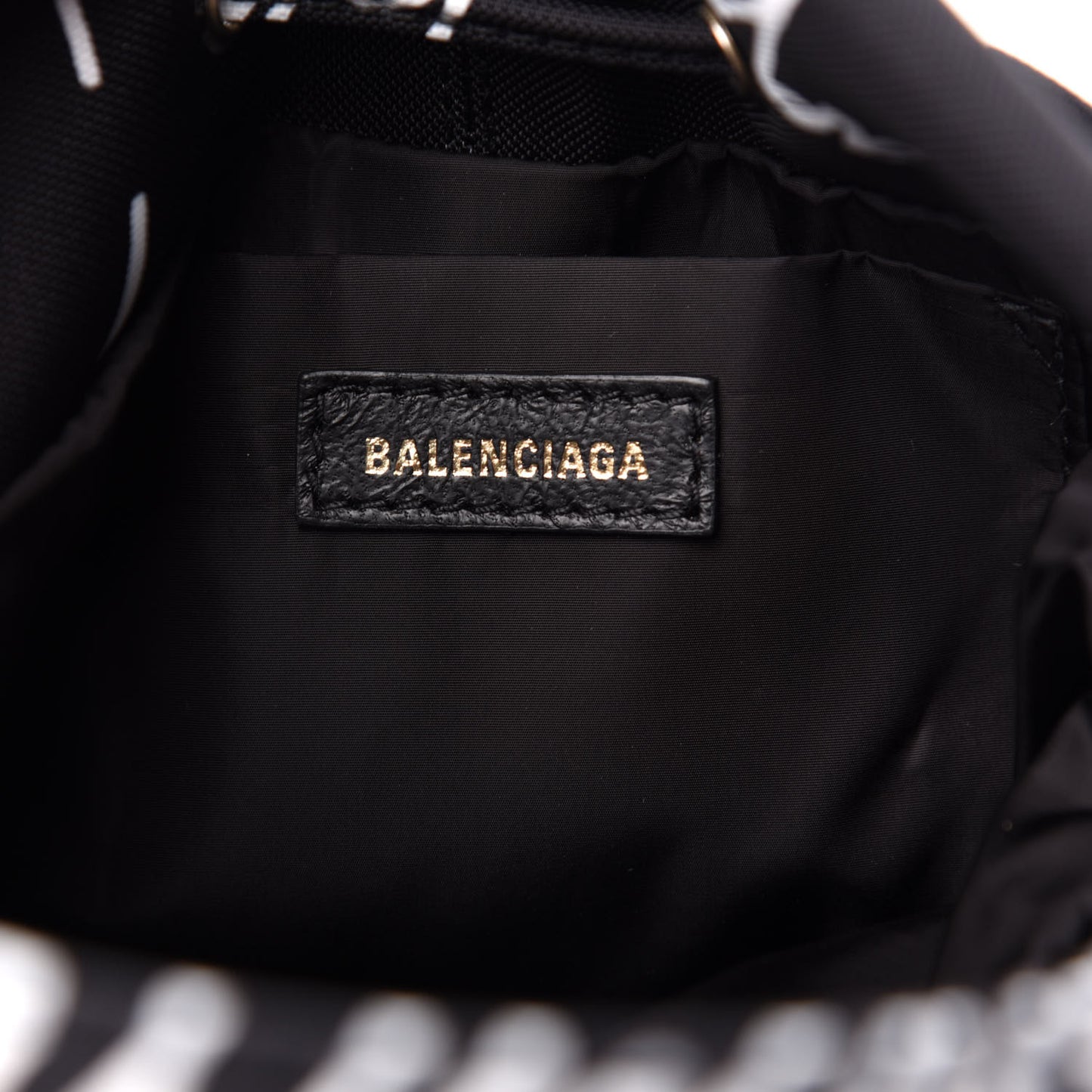 Recycled Sport Nylon Scribble Logo Embroidered Wheel Drawstring Bucket Bag XS Black White
