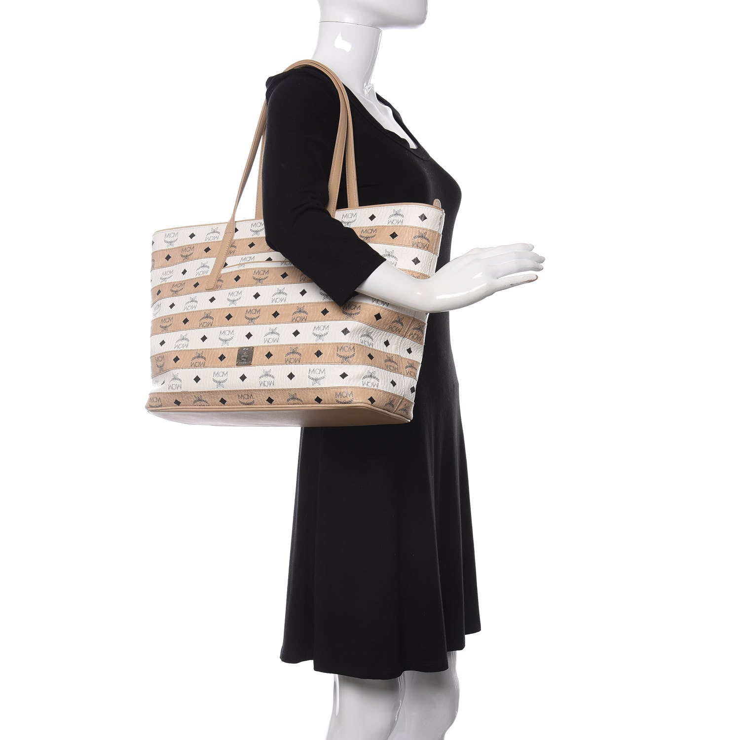 MCM Visetos Striped Medium Anya Shopper Tote White Beige 2 of 11