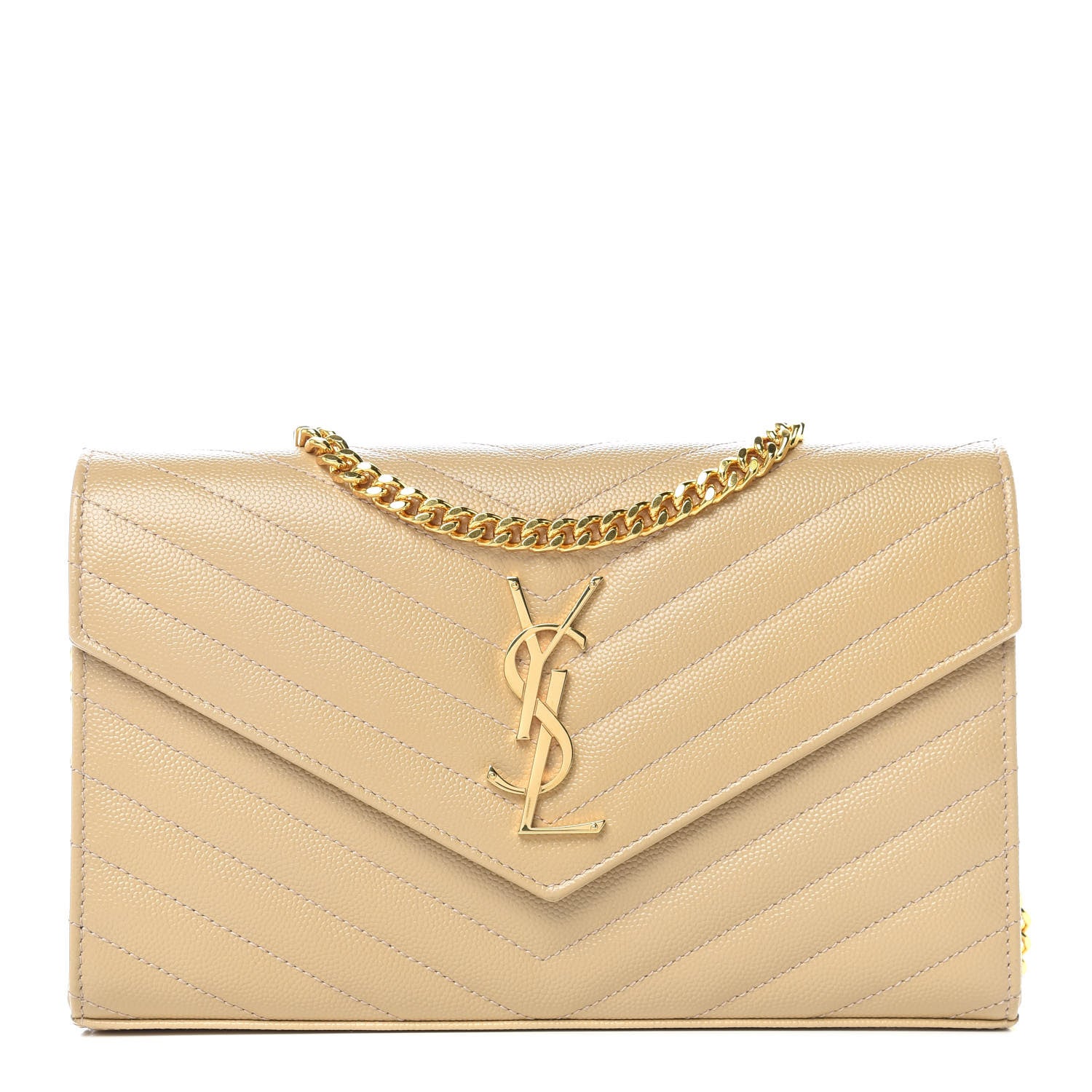 Saint Laurent Grain De Poudre Matelasse Chevron Monogram Chain Wallet Deep Beige 1 of 9