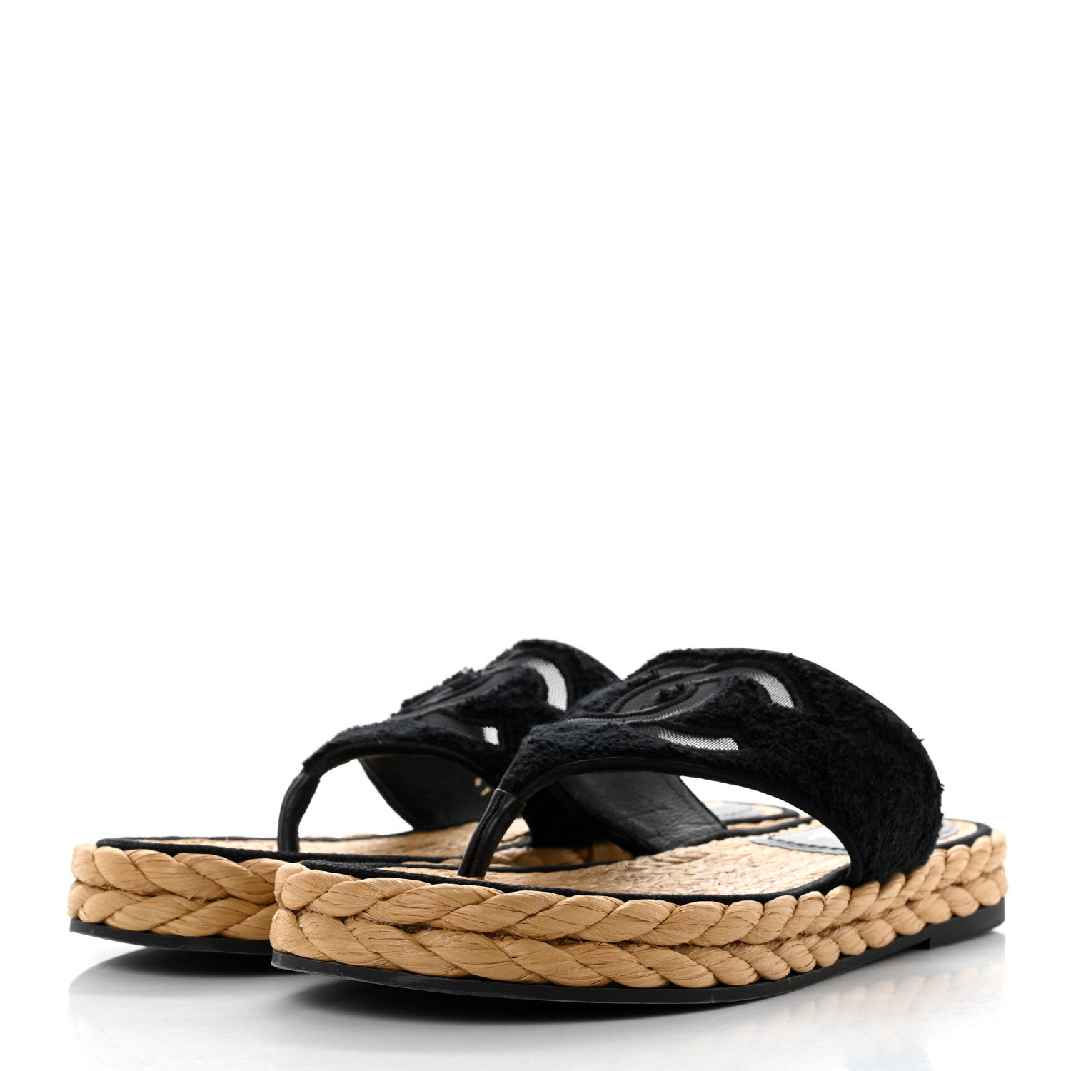 Chanel Terry Cloth Raffia CC Logo Thong Sandals 41 Black 3 of 9