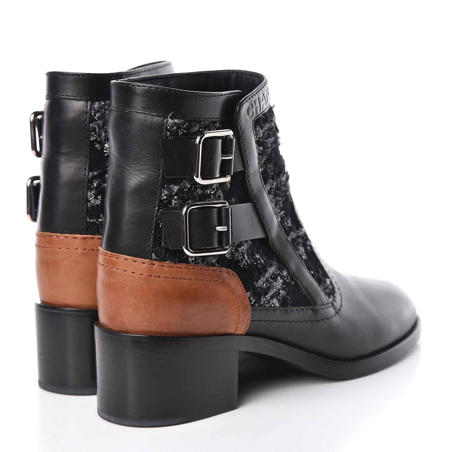 Chanel Tweed Lambskin Short Boots 38 Black Grey 4 of 11