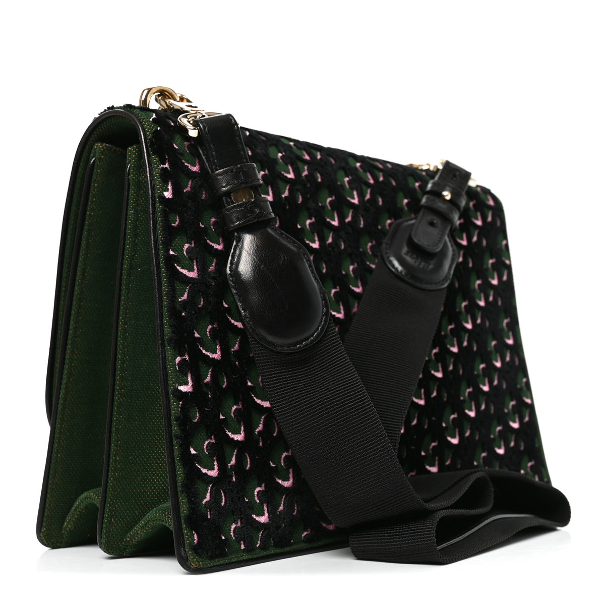 Velvet Oblique Diorama Satchel Black Green Pink