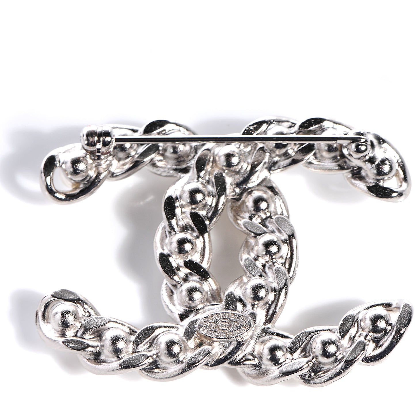 CC Pearl Chain Brooch Pin Silver