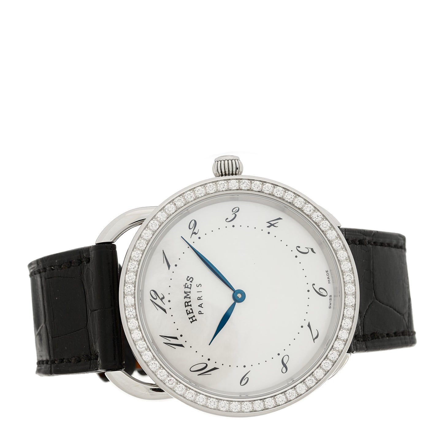 Stainless Steel Alligator Diamond Bezel Mother of Pearl 38mm Arceau Quartz Watch Noir