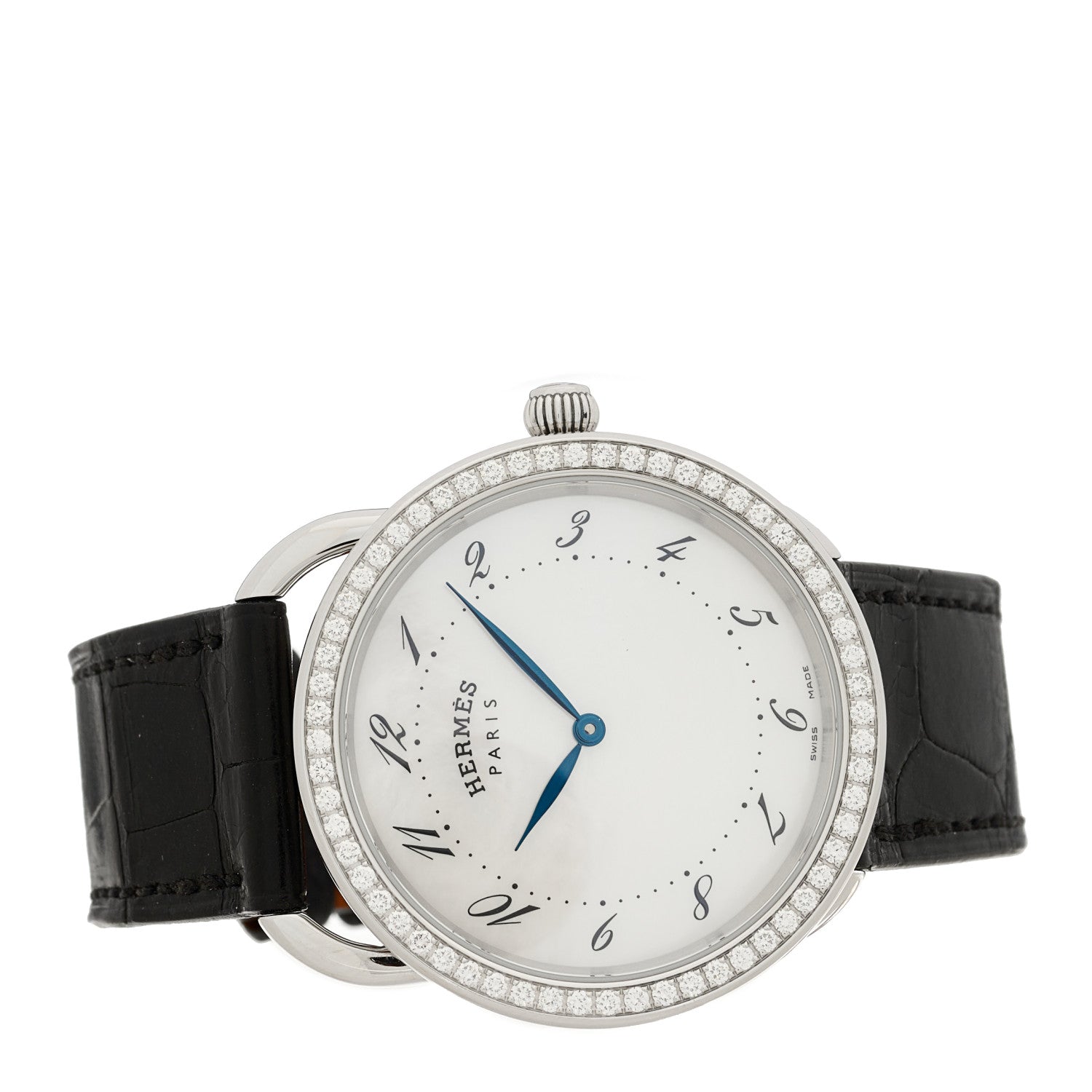 Hermes Stainless Steel Alligator Diamond Bezel Mother of Pearl 38mm Arceau Quartz Watch Noir 2 of 5