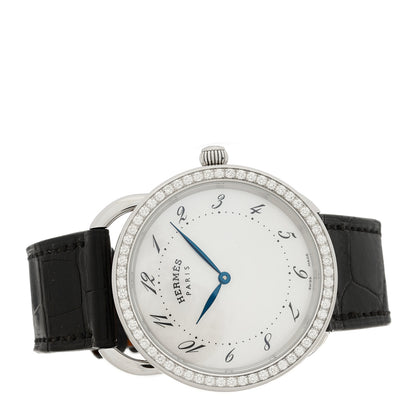 Hermes Stainless Steel Alligator Diamond Bezel Mother of Pearl 38mm Arceau Quartz Watch Noir 2 of 5
