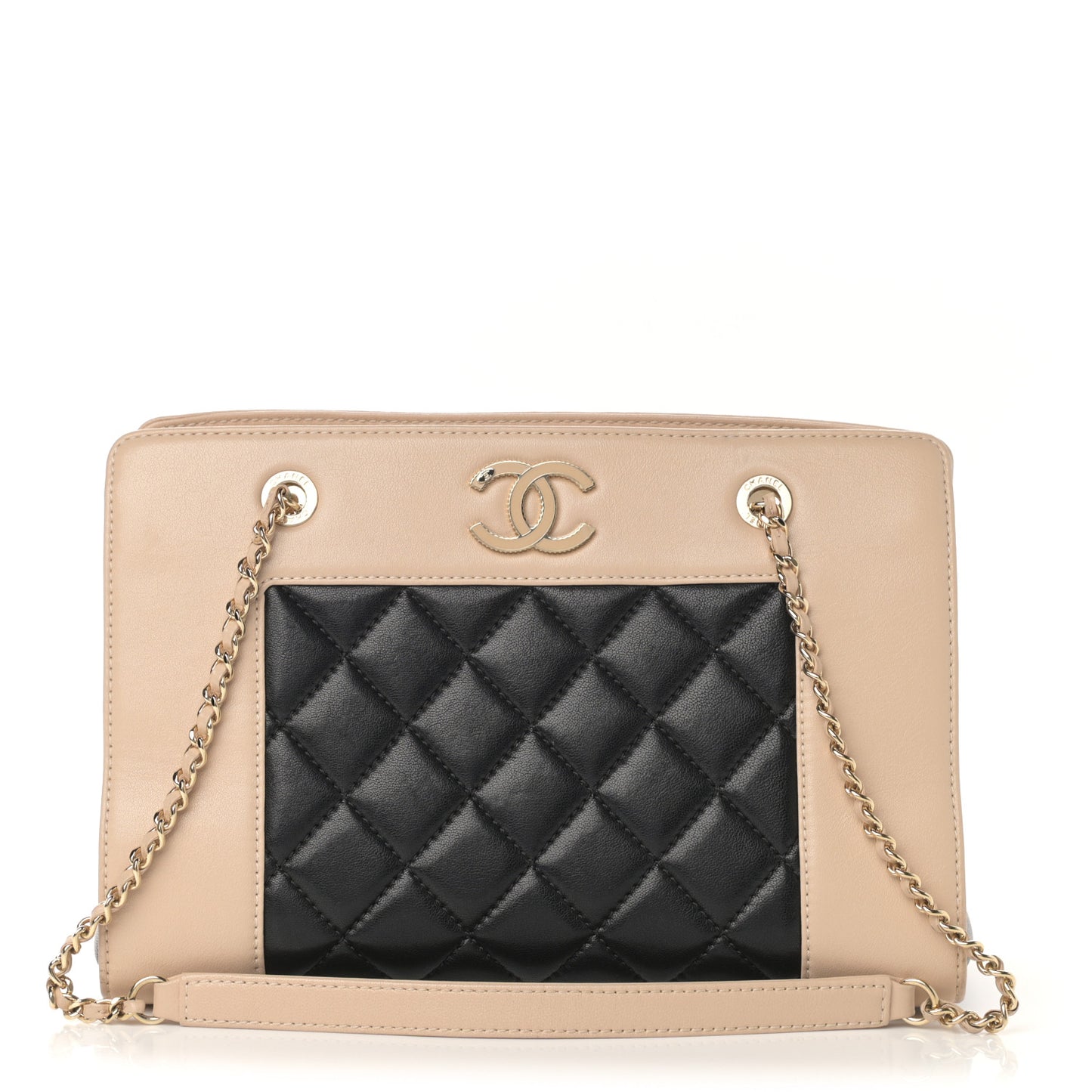 Sheepskin Quilted Mademoiselle Vintage Shopping Tote Beige Black