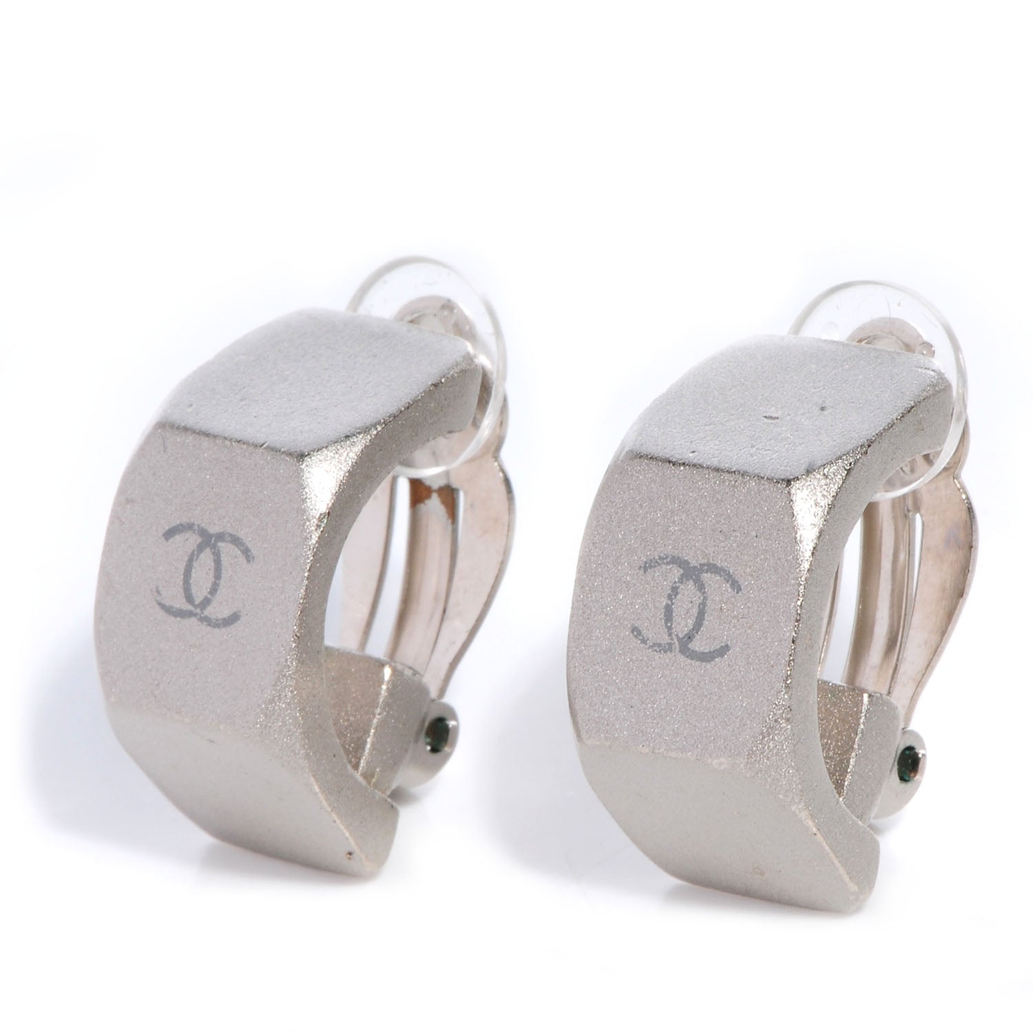 Chanel Half Bolt CC Clip On Earrings Matte Silver 1 of 5