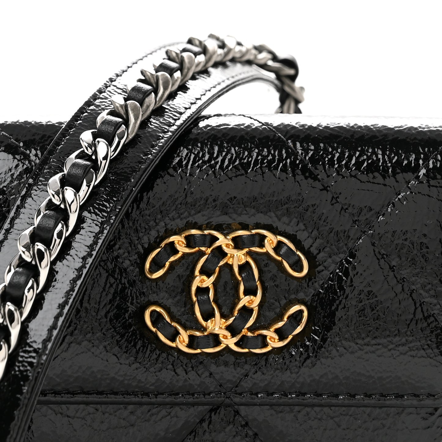Shiny Crumpled Calfskin Quilted Chanel 19 Flap Coin Purse With Chain Black