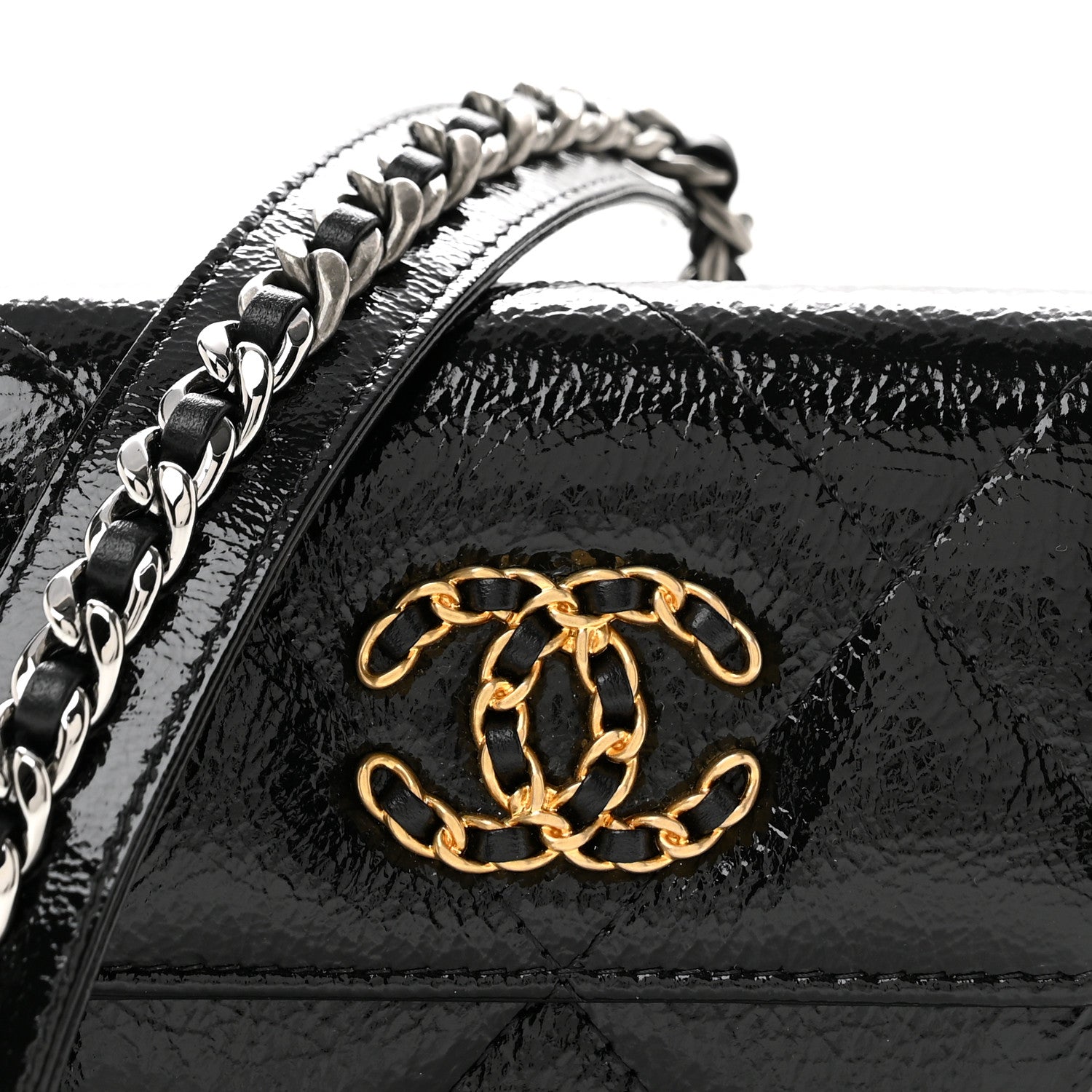 Chanel Shiny Crumpled Calfskin Quilted Chanel 19 Flap Coin Purse With Chain Black 8 of 10