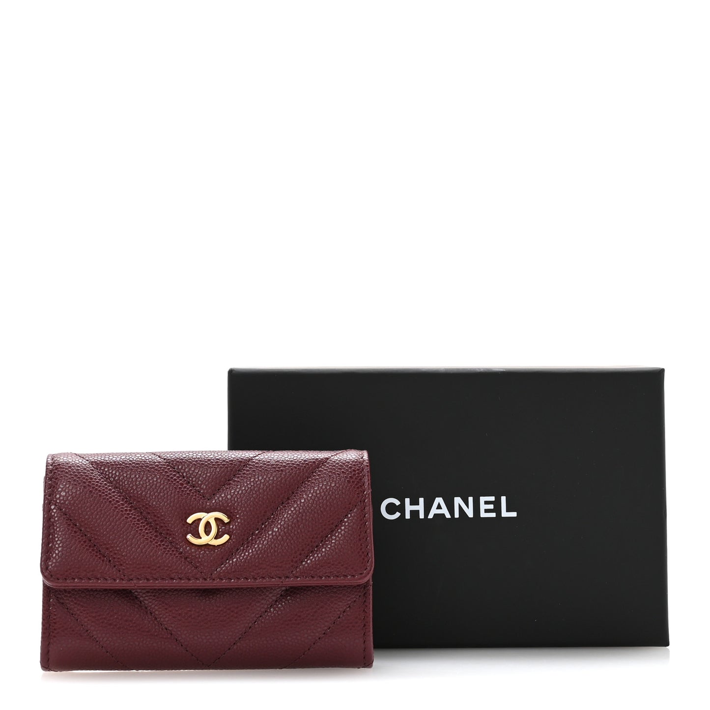 Caviar Flat Chevron Quilted Flap Card Holder Burgundy