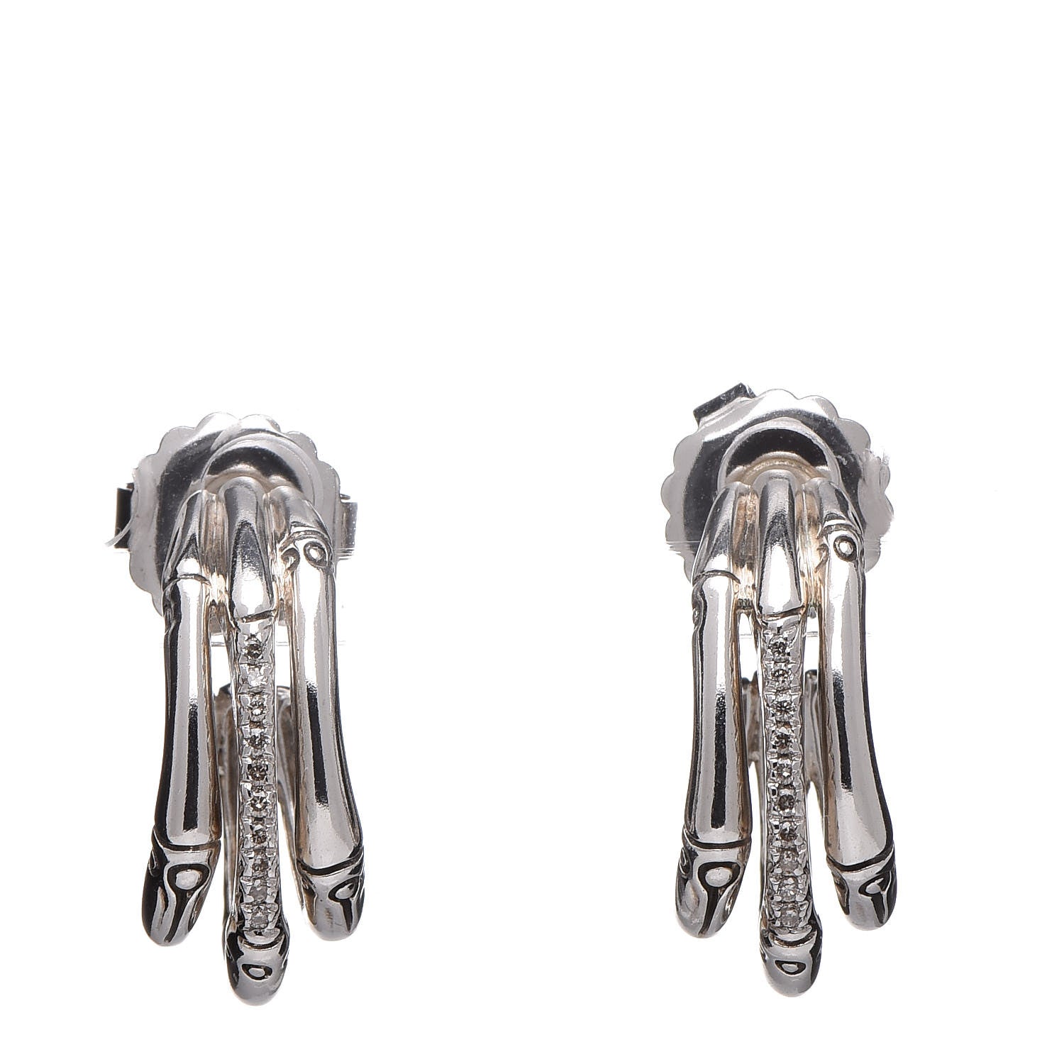 John Hardy Sterling Silver Diamond Bamboo J-Hoop Earrings 1 of 4