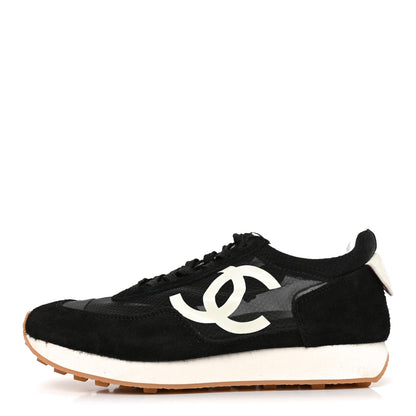 Chanel Mesh Suede Calfskin Womens Logo Sneakers 39.5 Black White 1 of 8