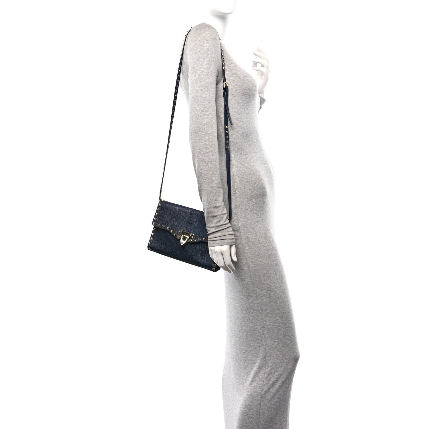 Valentino Garavani Pebbled Calfskin Medium Rockstud Flip Lock Crossbody Bag Navy 3 of 10