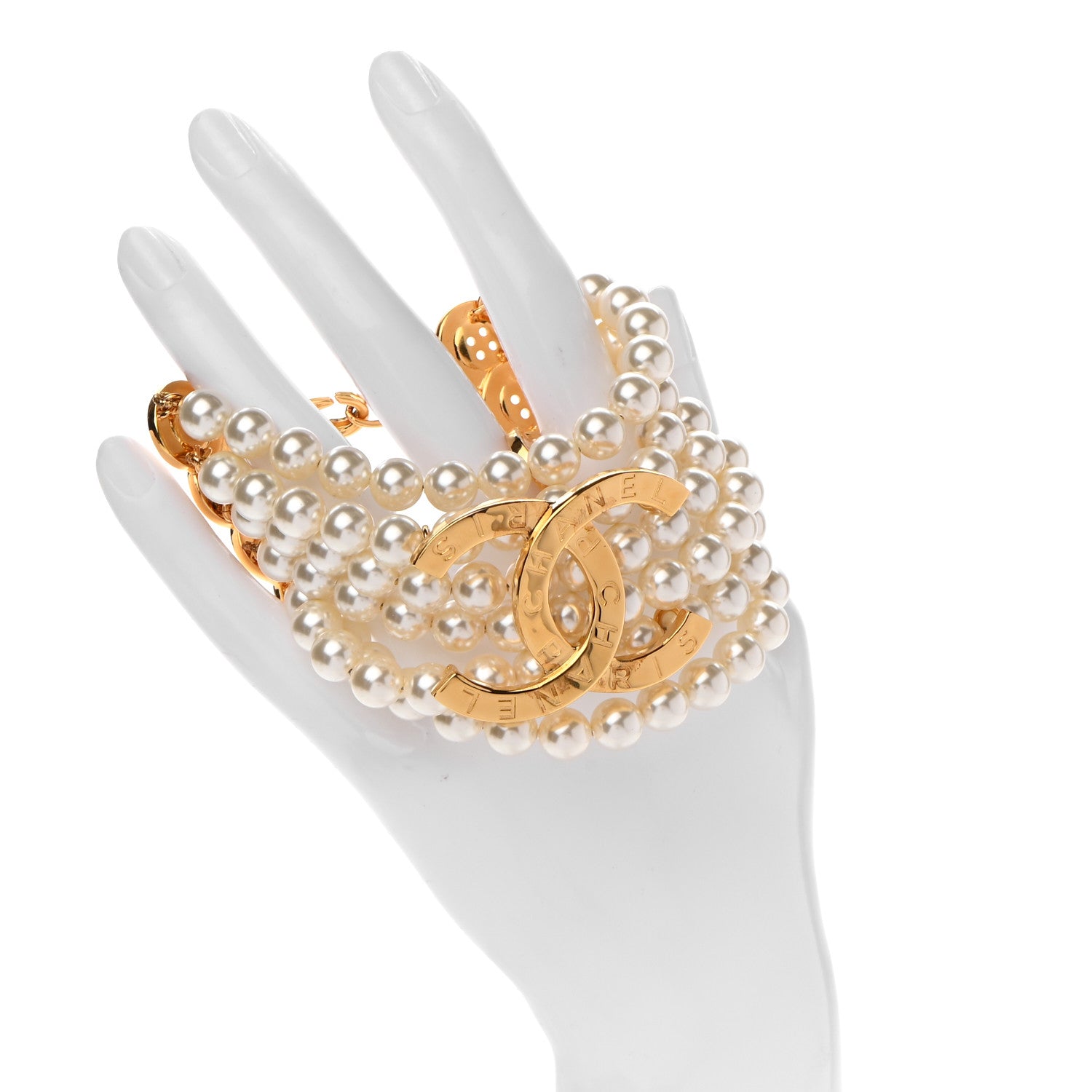 Chanel Pearl Metal CC Paris Button Multistrand Bracelet Gold White 2 of 5