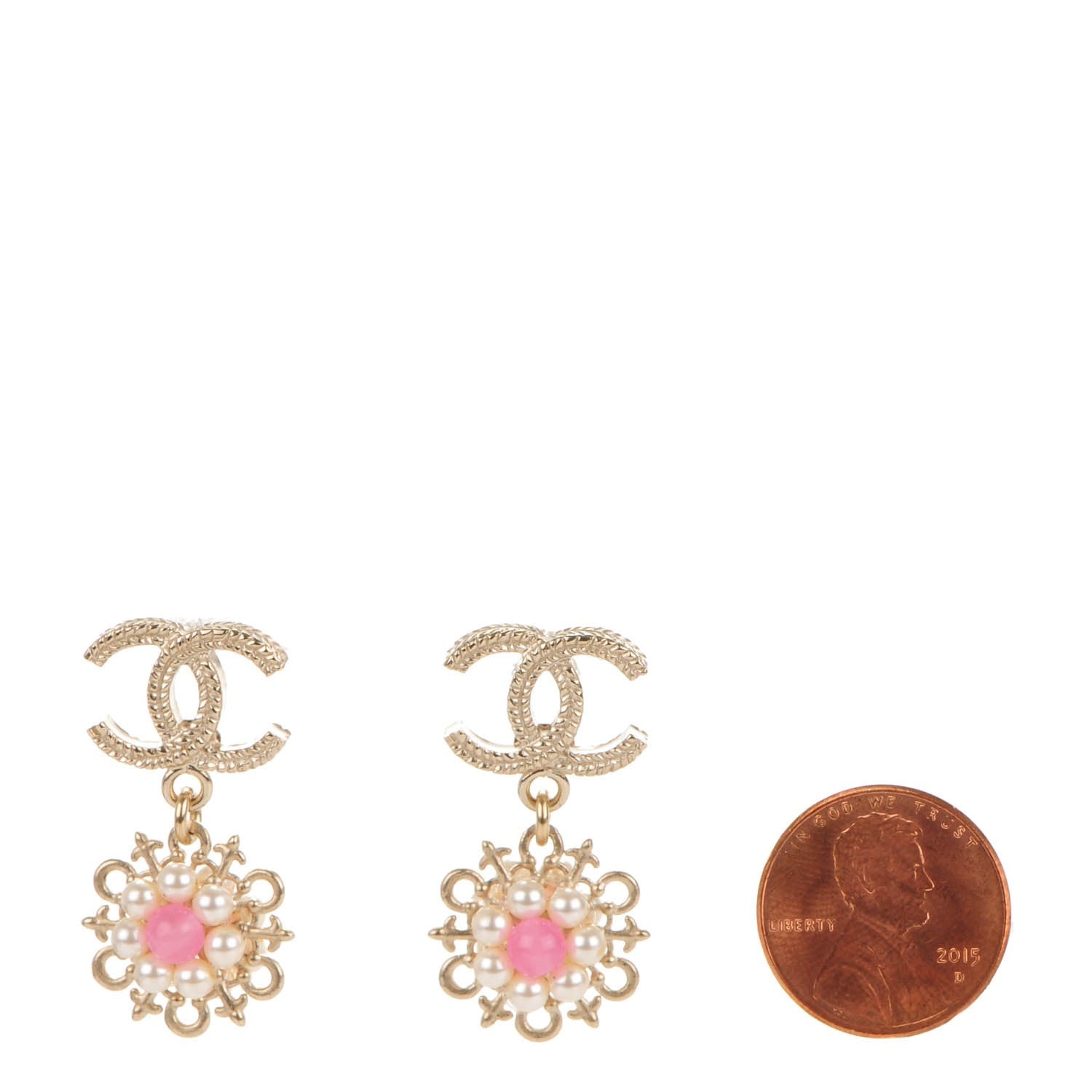Chanel Pearl CC Dangle Earrings Gold Pink 2 of 6
