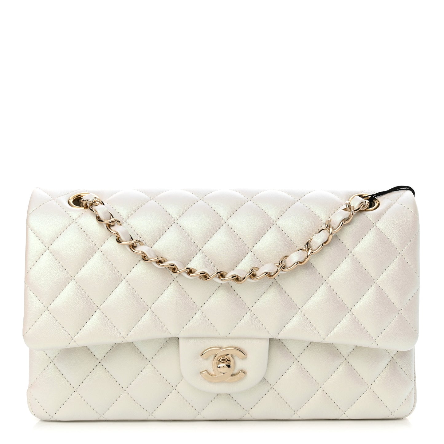Iridescent Calfskin Quilted Medium Double Flap White