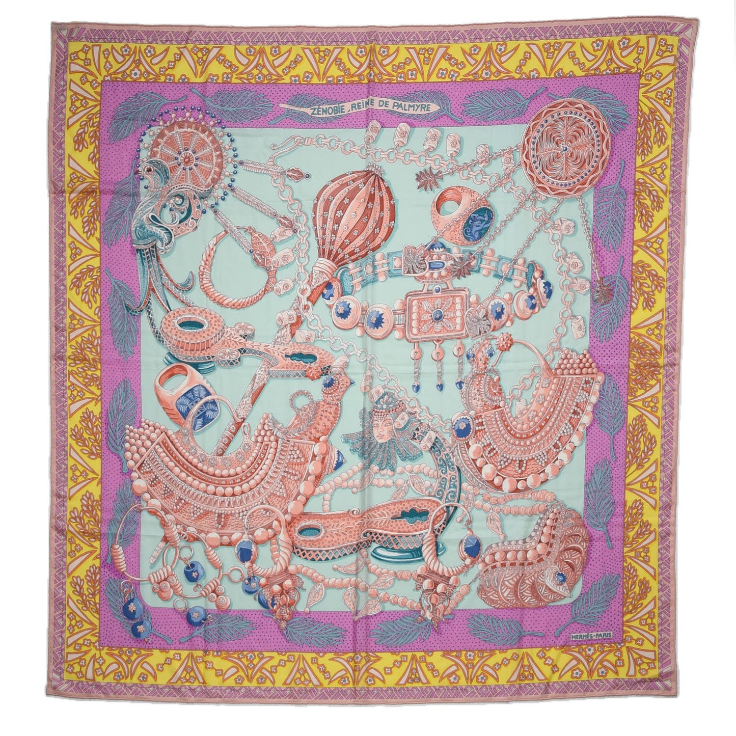 Cashmere Silk Zenobie Reine de Palmyre Shawl 140 Vert D Eau Rose Jaune Vif