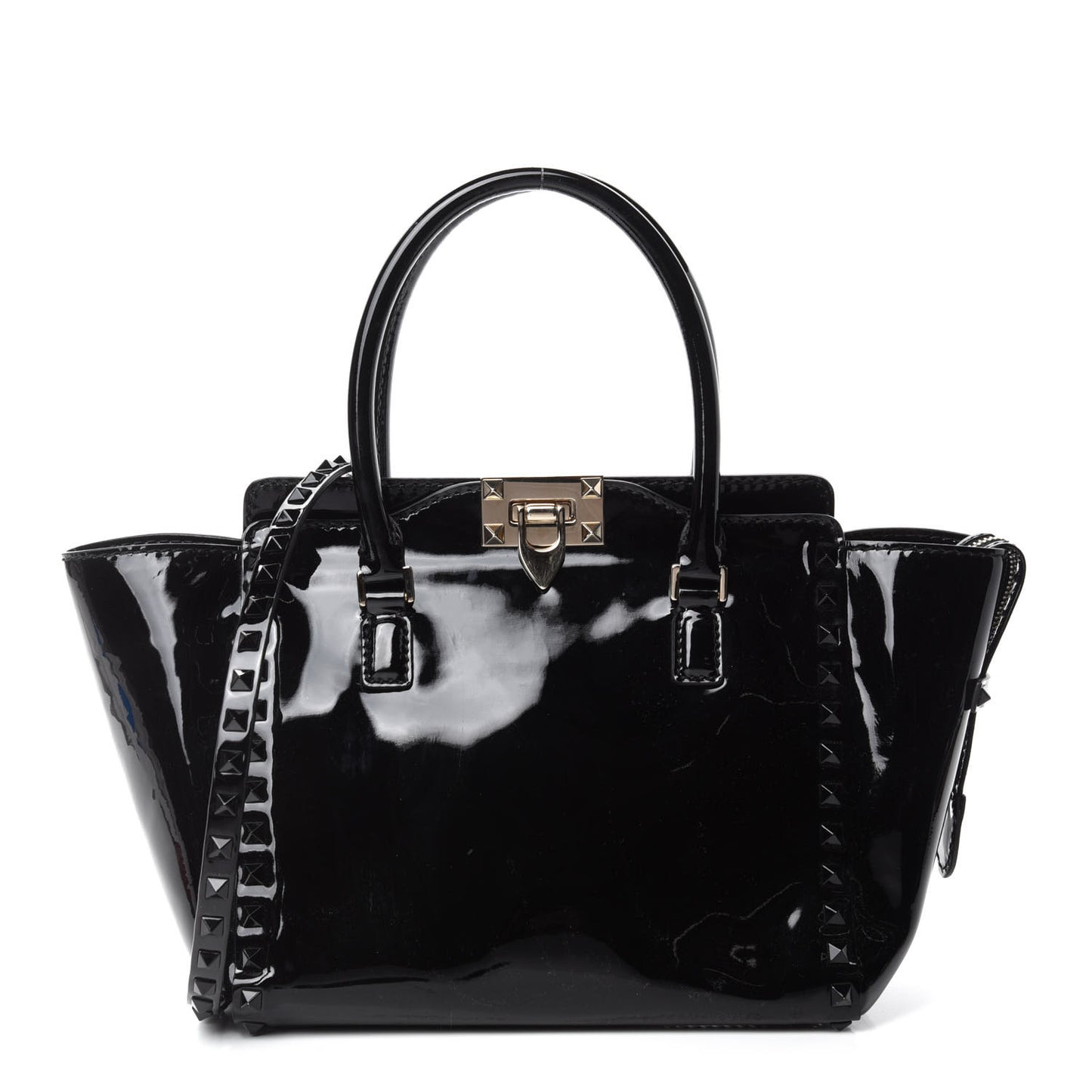 Patent Monochrome Small Rockstud Double Handle Tote Black
