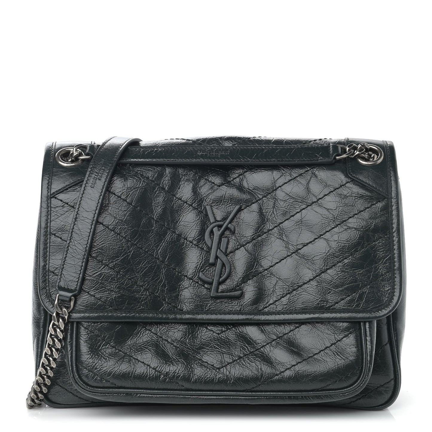 Crinkled Calfskin Matelasse Monogram Medium Niki Chain Satchel Dark Green