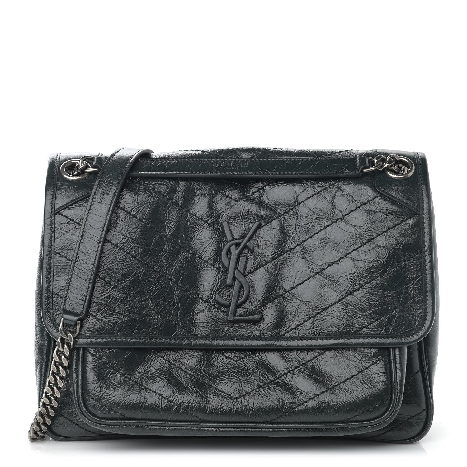 Saint Laurent Crinkled Calfskin Matelasse Monogram Medium Niki Chain Satchel Dark Green 1 of 12