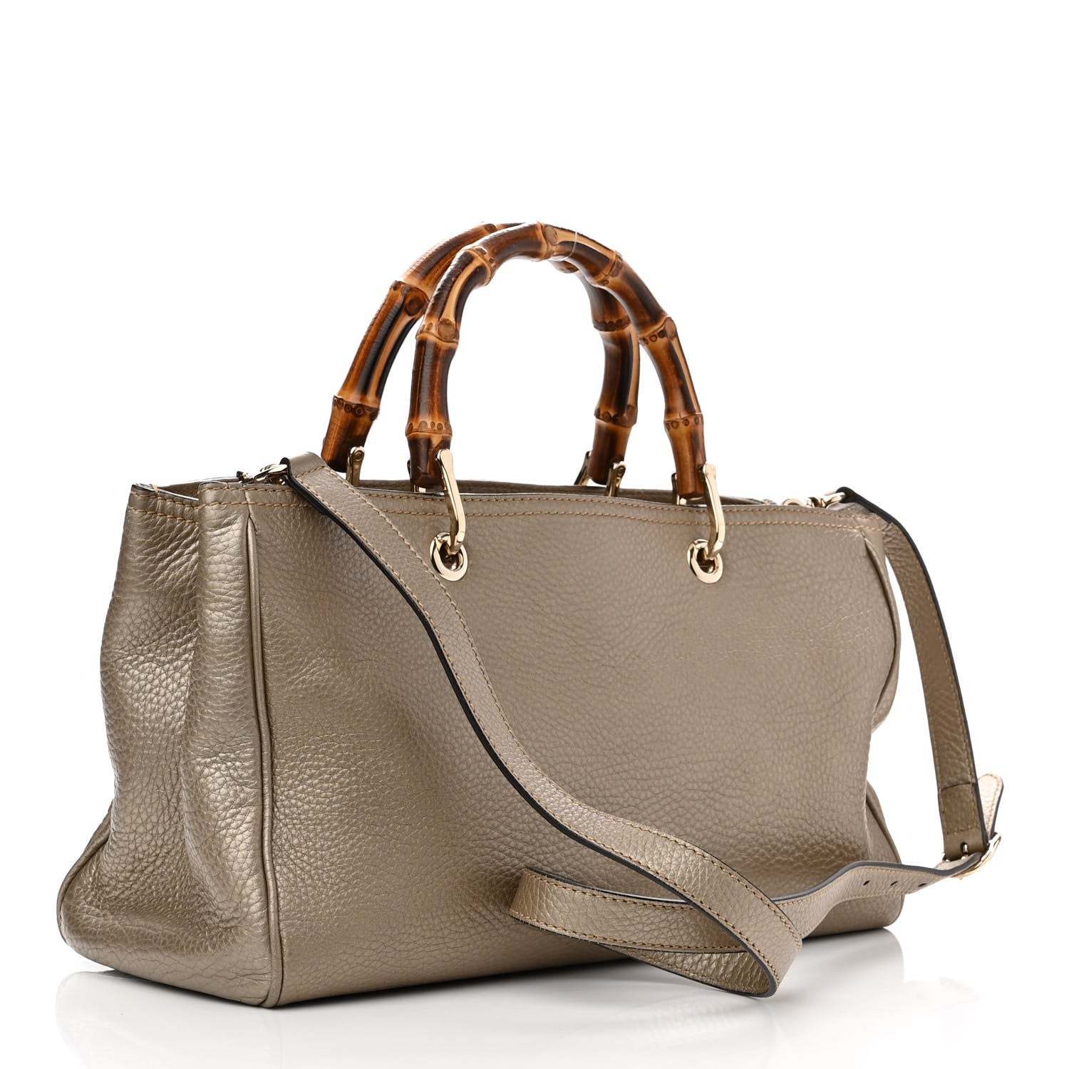 Gucci Metallic Pebbled Calfskin Medium Bamboo Shopper Tote Golden Beige 3 of 13