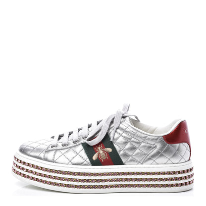 Gucci Laminated Nappa Crystal Web Bee Embroidered Trapuntata Womens Ace Platform Sneakers 36 Argento 1 of 10