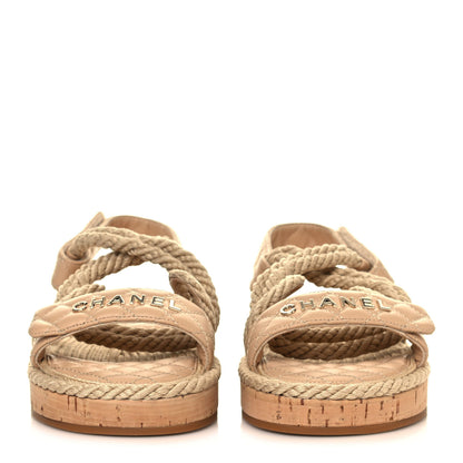Chanel Cord Lambskin Quilted Logo Sandals 39 Beige 2 of 9