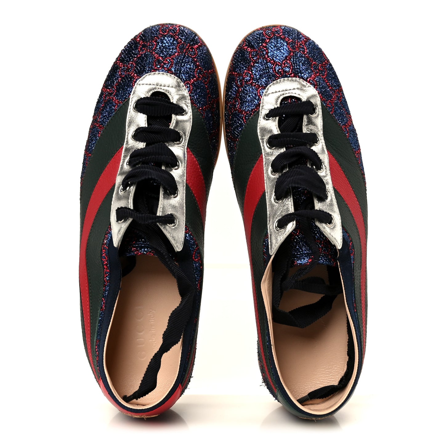 Lurex Calfskin Web GG Monogram Mens Falacer Sneakers 9 Iridescent Blue Iridescent Red Silver