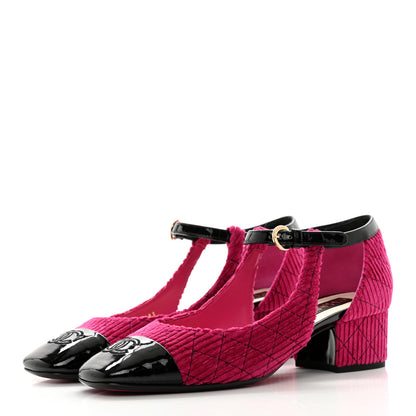 Chanel Corduroy Patent Calfskin Cap Toe Quilted Mary Jane Flats 39.5 Fuchsia Black 3 of 9