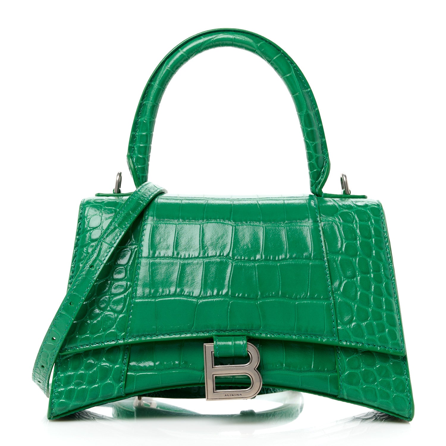 Balenciaga Shiny Calfskin Crocodile Embossed Small Hourglass Top Handle Bag Leaf Green 1 of 15