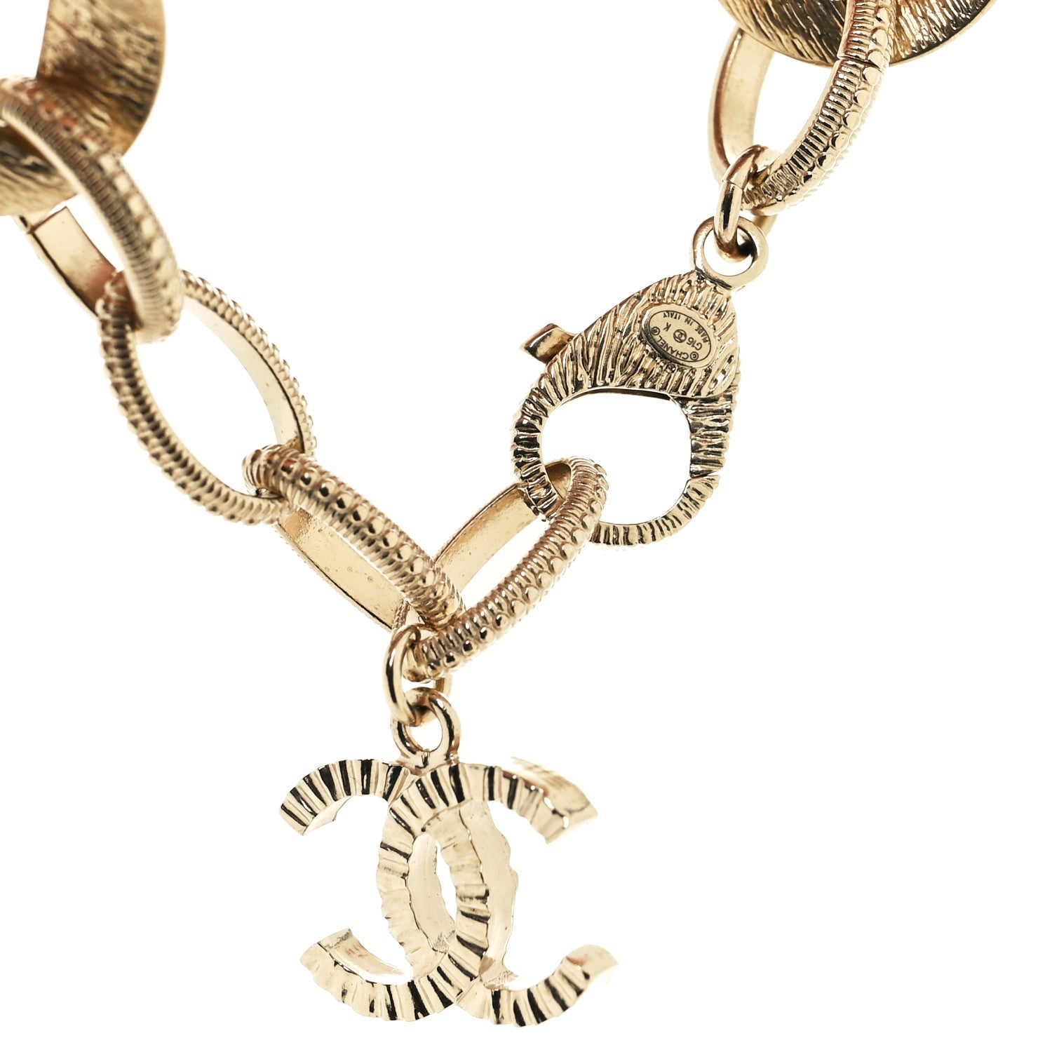 Chanel Crystal Poured Glass Textured Chain Heart CC Bracelet Light Gold Blue Green 4 of 6