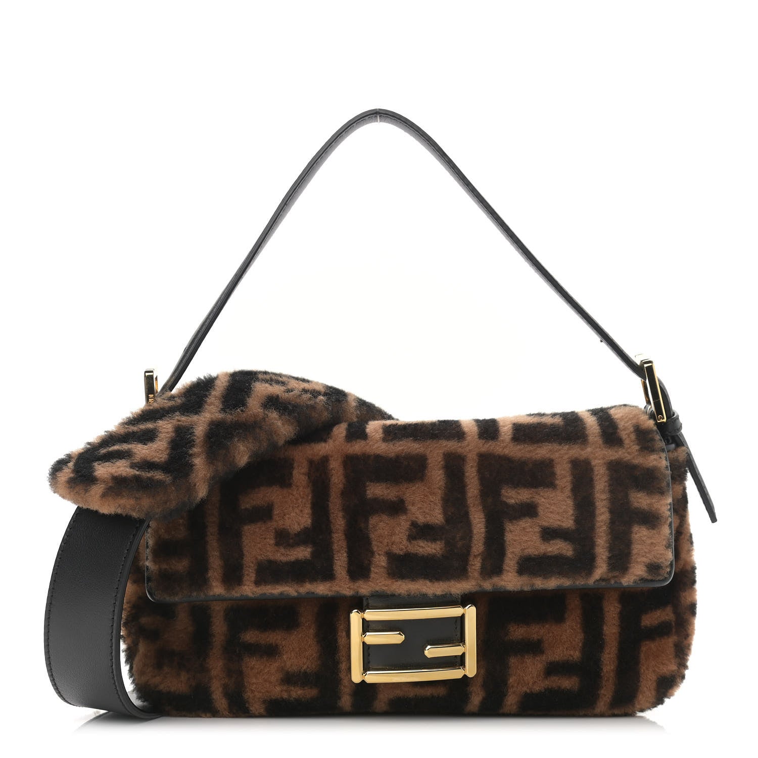 Fendi Shearling Vitello Dolce Macro FF 1974 Baguette Tobacco Black 1 of 9