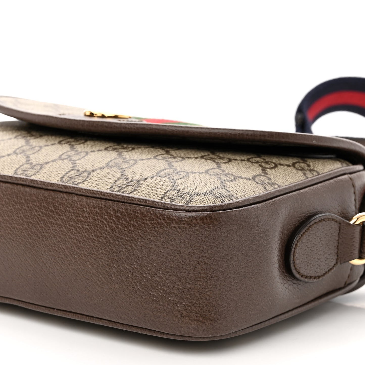 GG Supreme Monogram Textured Dollar Calfskin Web Studded Mini Ophidia Flap Shoulder Bag Beige Ebony New Acero