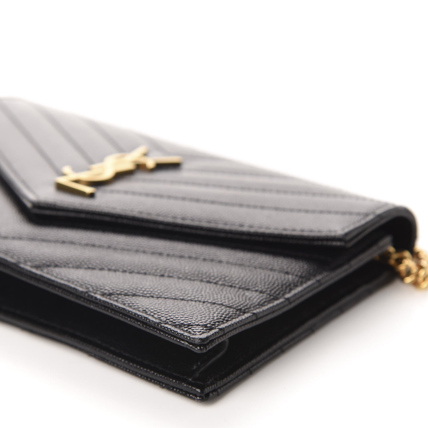 Saint Laurent Grain De Poudre Matelasse Chevron Monogram Envelope Chain Wallet Black 7 of 10